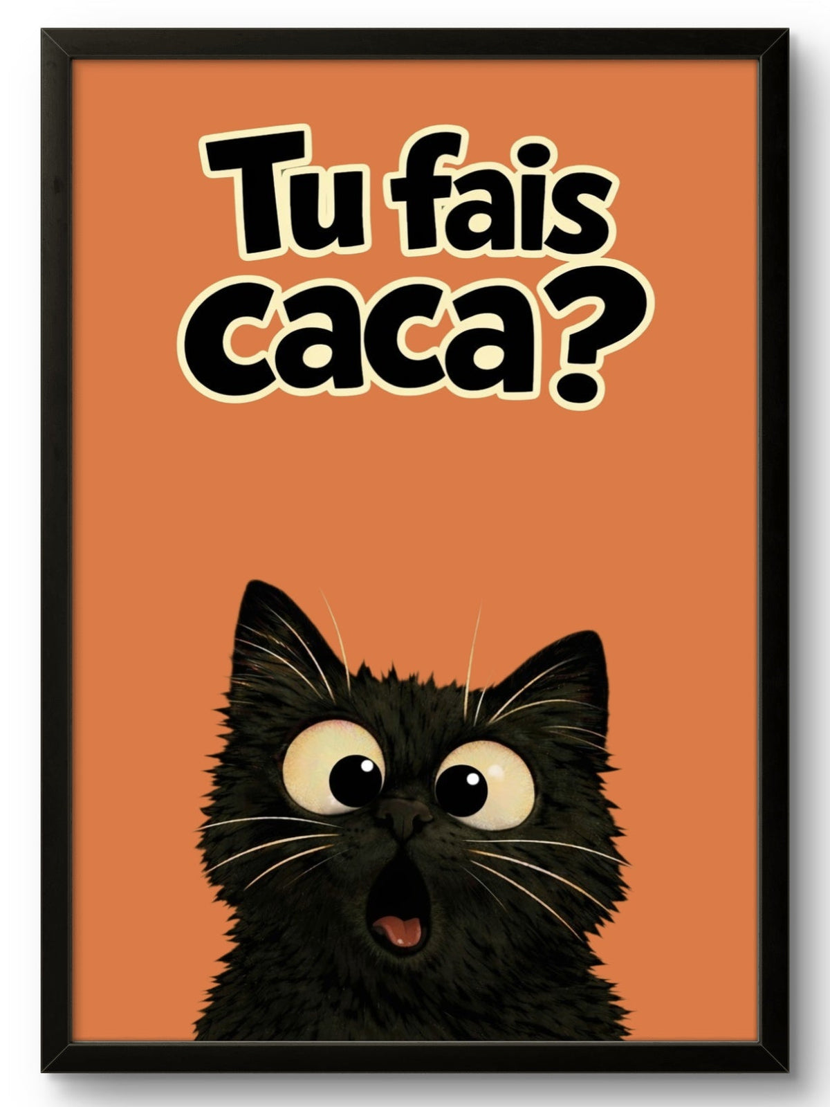 Affiche chat Tu fais caca fond orange, tableau encadré cadre noir