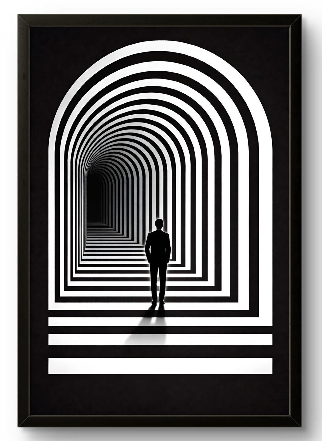 Tableau abstrait illusion d'optique arche graphique noir et blanc, silhouette tunnel, affiche encadrée cadre PVC noir