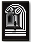 Tableau abstrait illusion d'optique arche graphique noir et blanc, silhouette tunnel, affiche encadrée cadre PVC noir