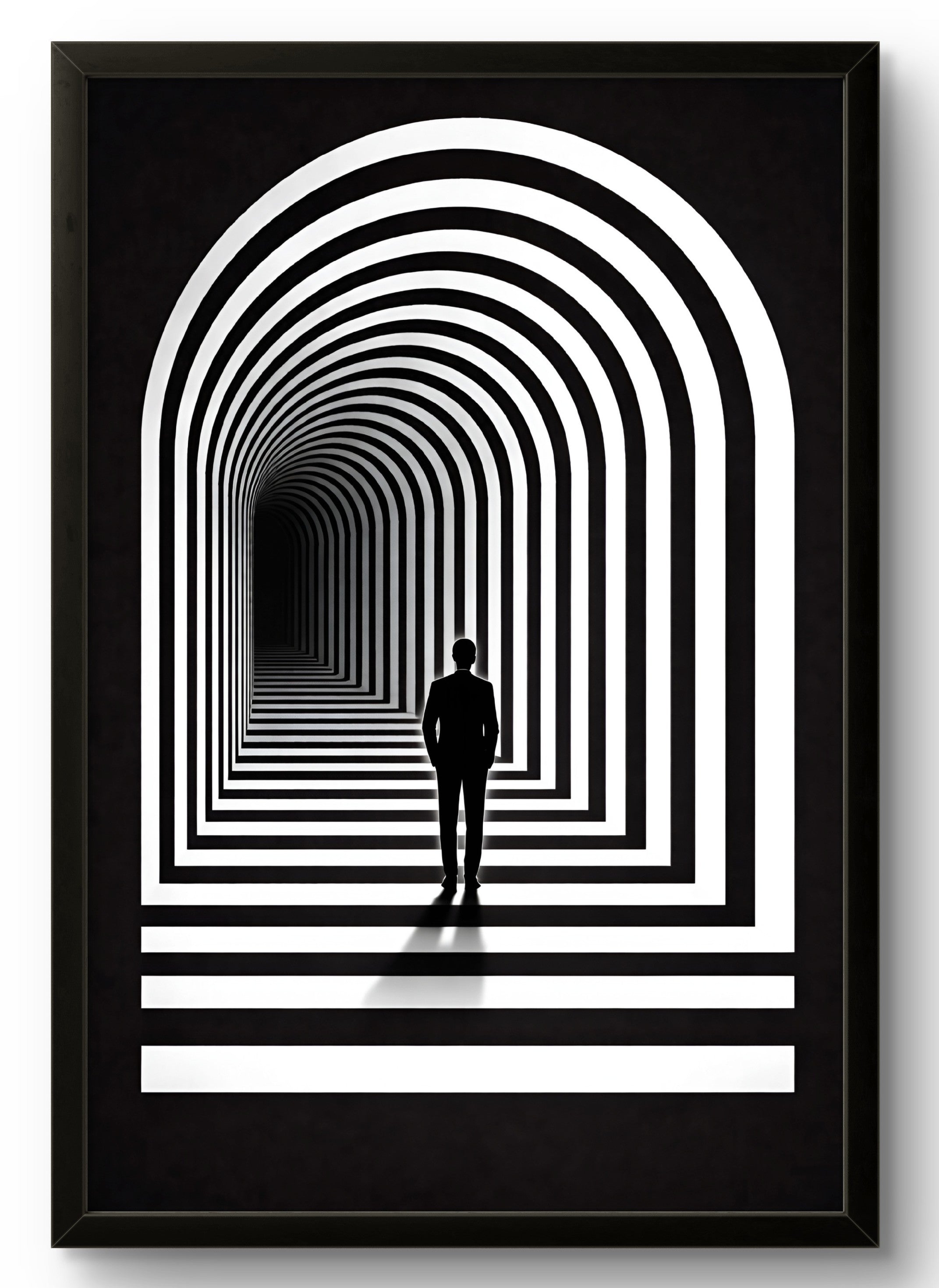 Tableau abstrait illusion d'optique arche graphique noir et blanc, silhouette tunnel, affiche encadrée cadre PVC noir