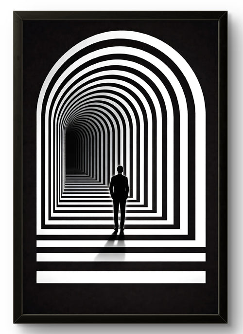 Tableau abstrait illusion d'optique arche graphique noir et blanc, silhouette tunnel, affiche encadrée cadre PVC noir