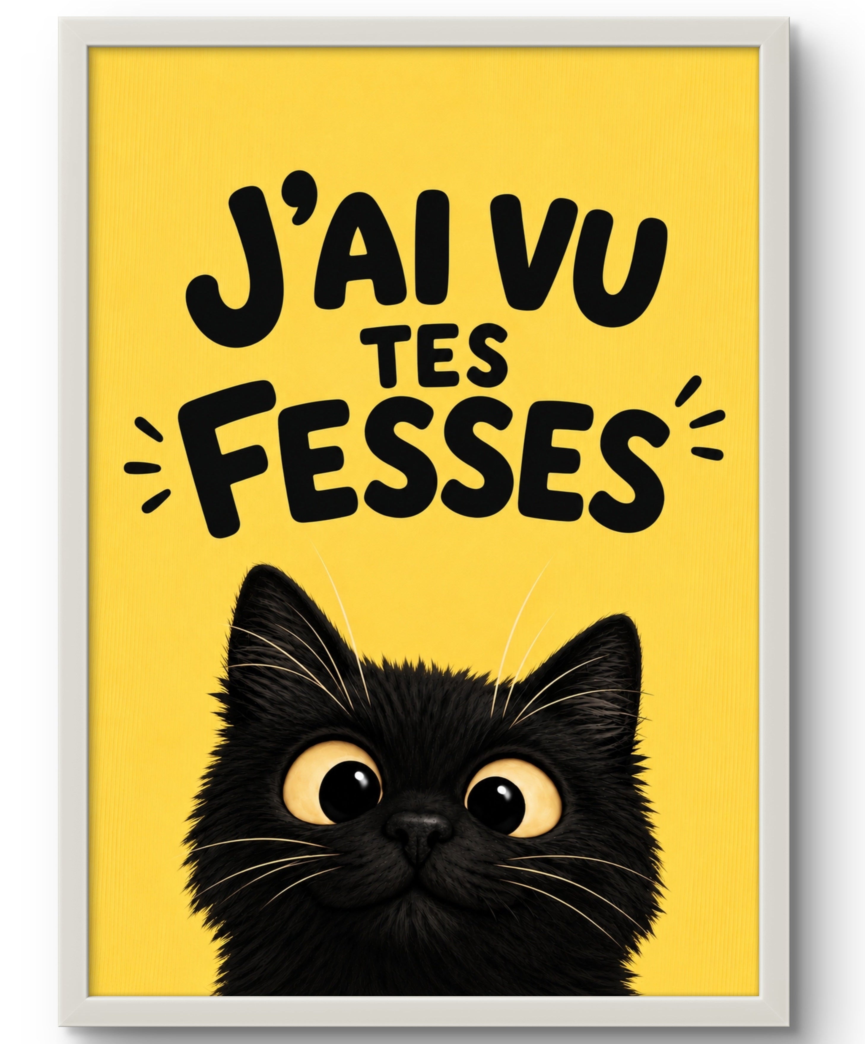 Affiche encadrée J'ai vu tes fesses – Tableau chat noir espiègle, fond jaune, cadre PVC blanc