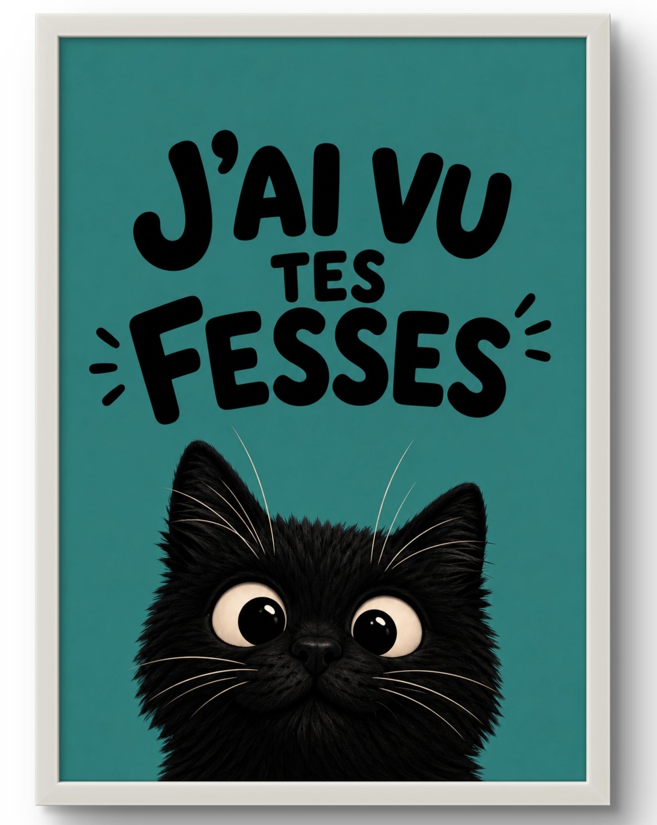 Affiche encadrée J'ai vu tes fesses – Tableau chat noir curieux, fond bleu paon, cadre PVC blanc