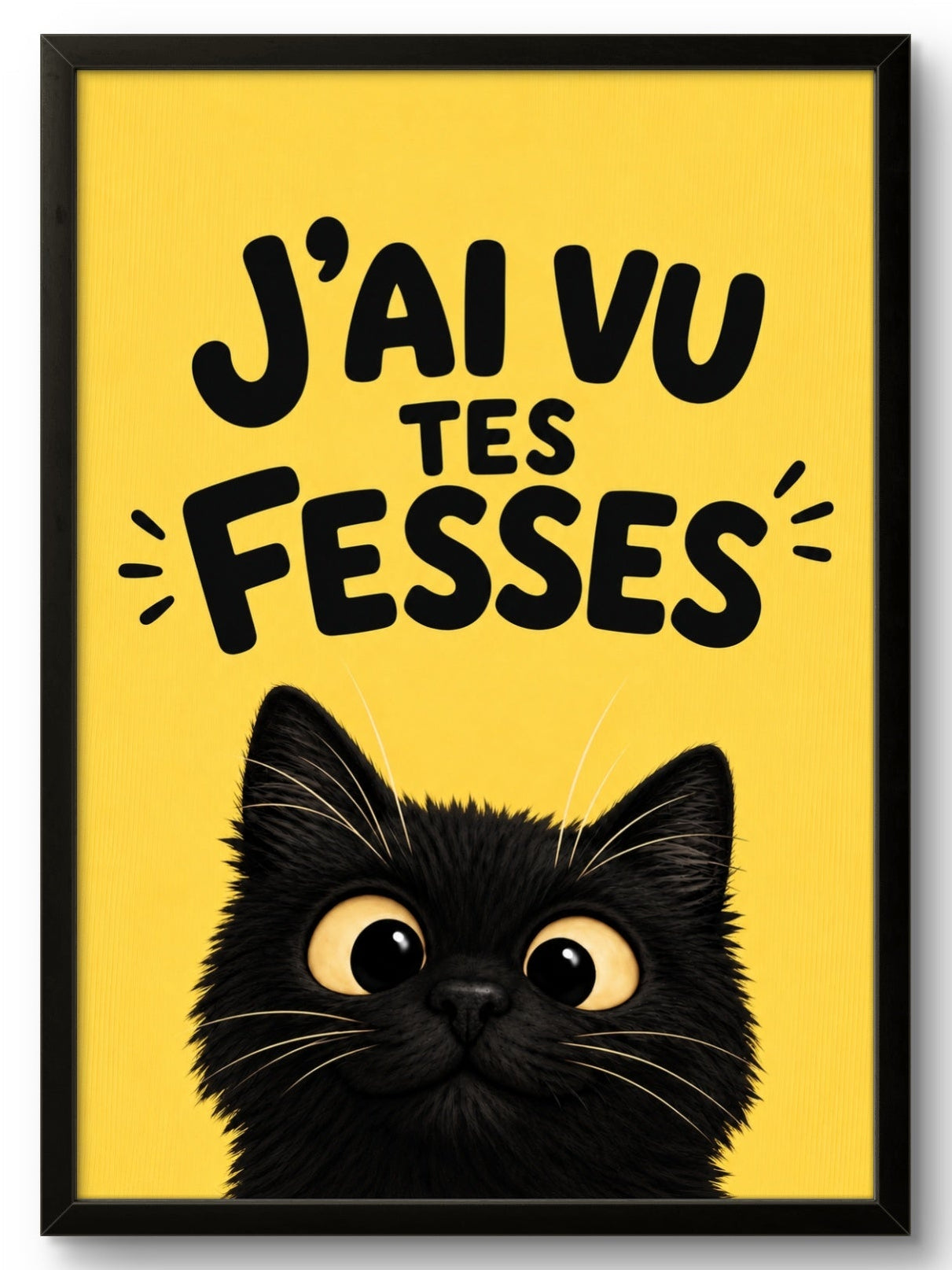 Affiche encadrée - Tableau J'ai vu tes fesses – chat noir espiègle, fond jaune, cadre PVC noir