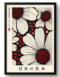 Tableau art japonais fleurs blanches et rouges, affiche encadrée cadre PVC noir – décoration murale