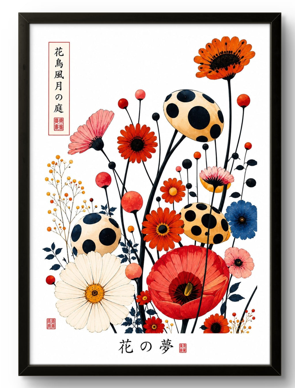 Tableau art japonais floral zen, coquelicots et fleurs colorées, affiche encadrée cadre PVC noir – décoration murale