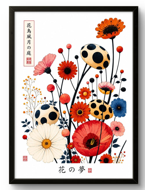 Tableau art japonais floral zen, coquelicots et fleurs colorées, affiche encadrée cadre PVC noir – décoration murale