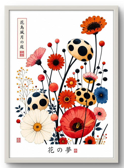 Tableau art japonais floral zen, coquelicots et fleurs colorées, affiche encadrée cadre PVC blanc – décoration murale