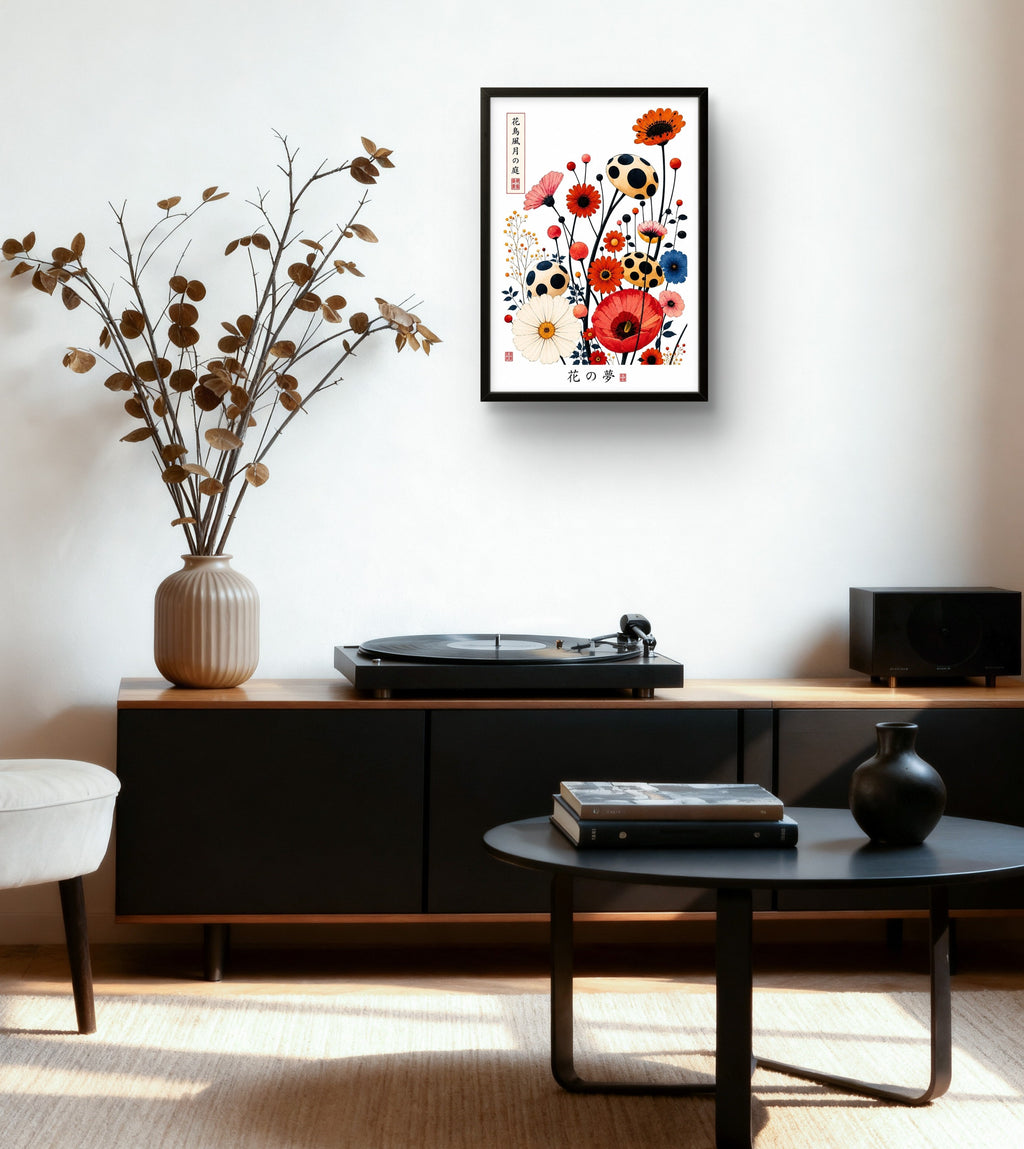 Tableau art japonais floral zen encadré cadre noir, vue lifestyle salon – décoration murale nature