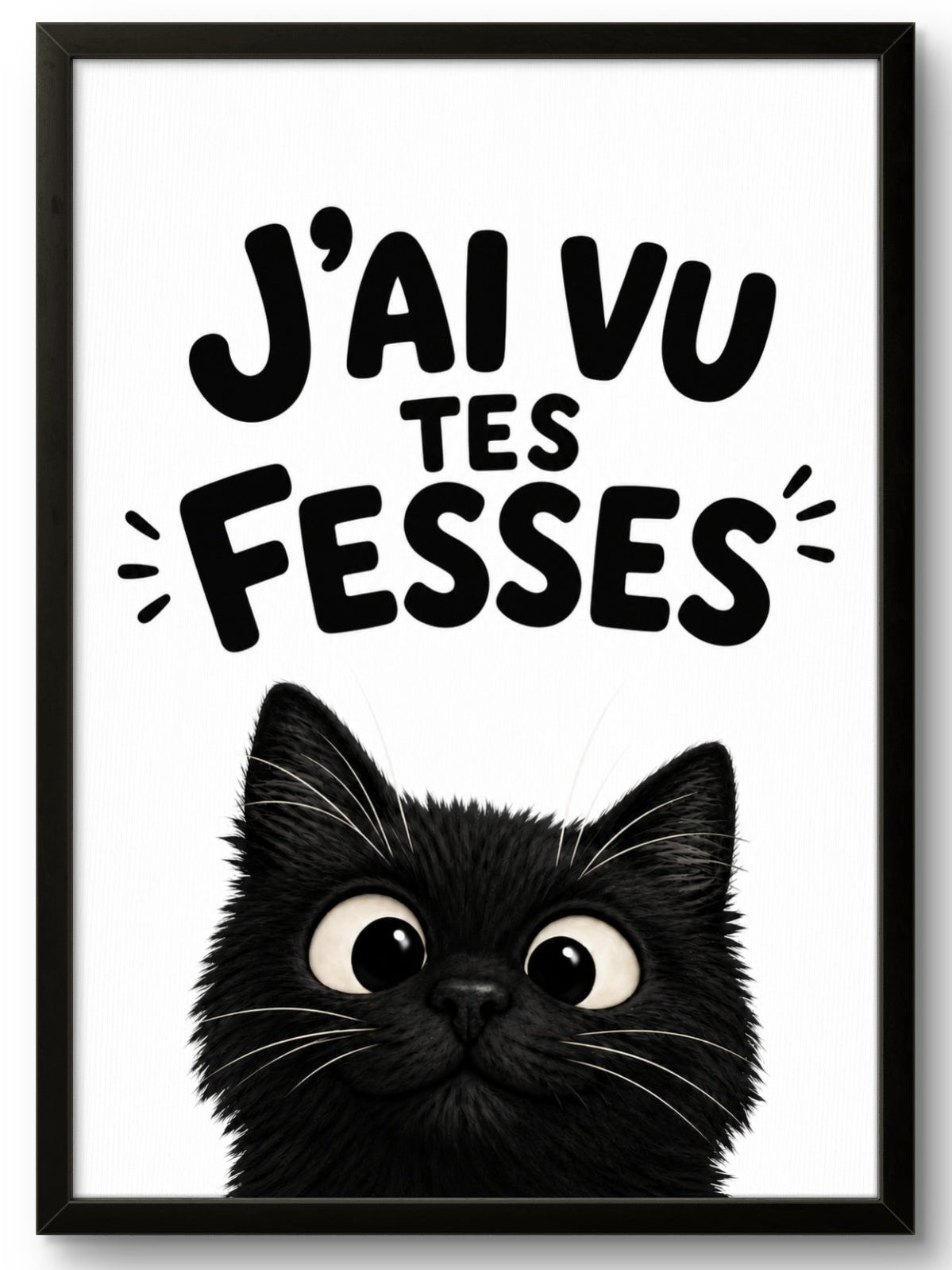 Affiche encadrée J'ai vu tes fesses – Tableau chat noir rigolo, fond blanc, cadre PVC noir