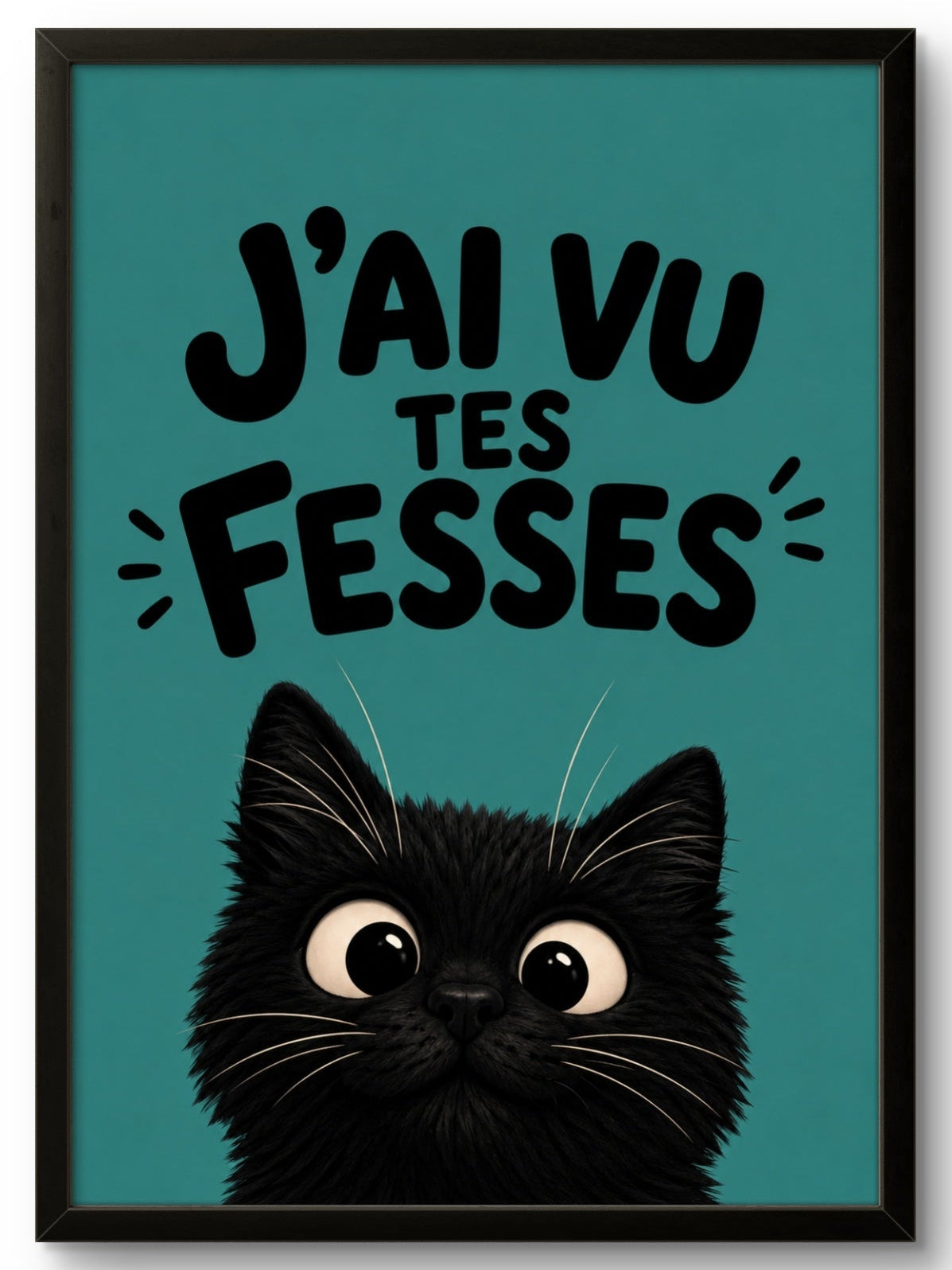 Affiche encadrée J'ai vu tes fesses – chat noir curieux, fond bleu paon, cadre PVC noir