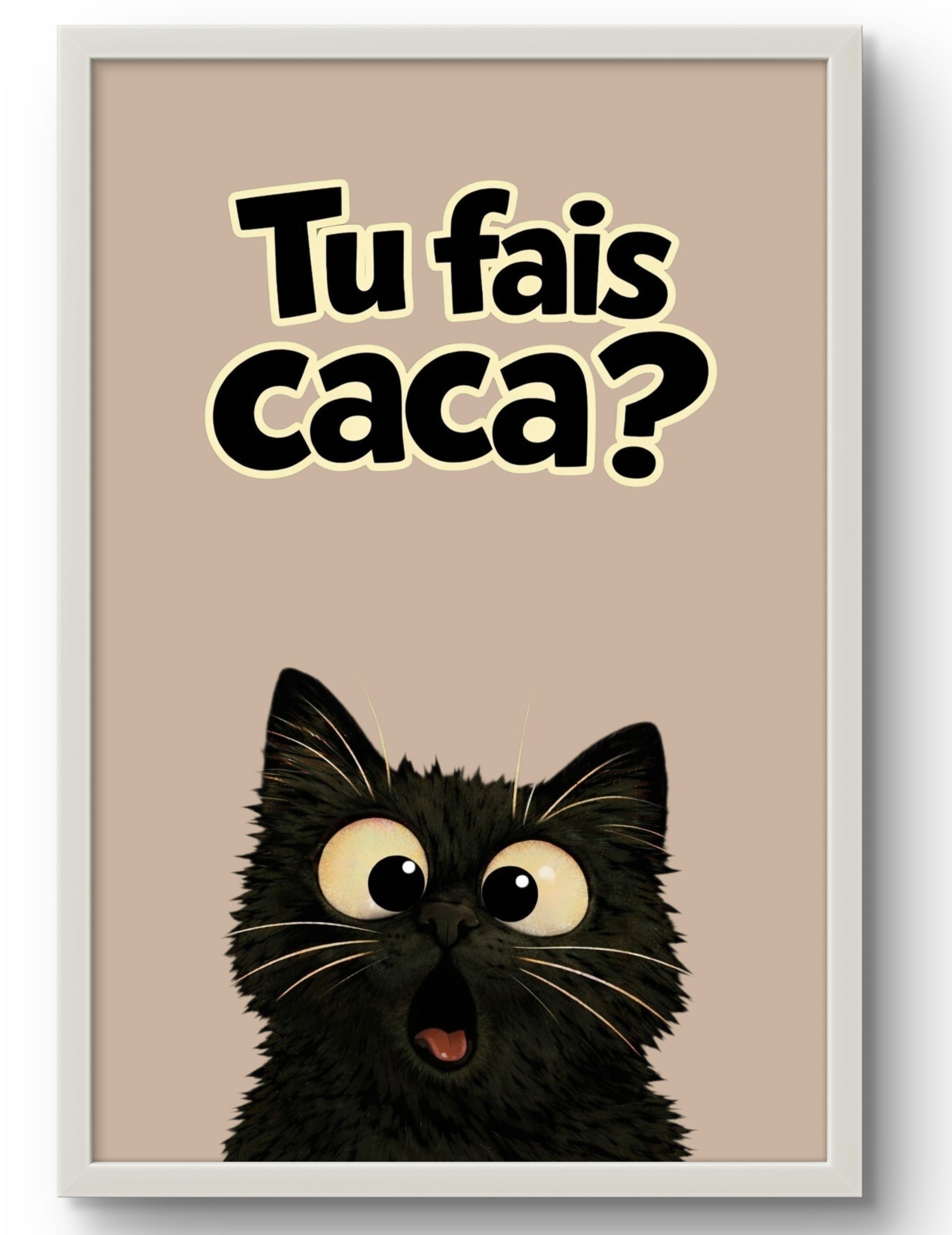 Affiche encadrée chat Tu fais caca, tableau encadré blanc décoration toilettes fond beige