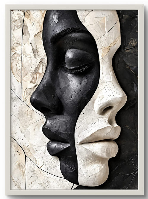 Affiche encadrée de deux visages en contraste noir et blanc avec cadre blanc