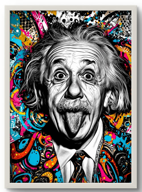 Affiche encadrée représentant Albert Einstein dans un style artistique moderne aux couleurs vives