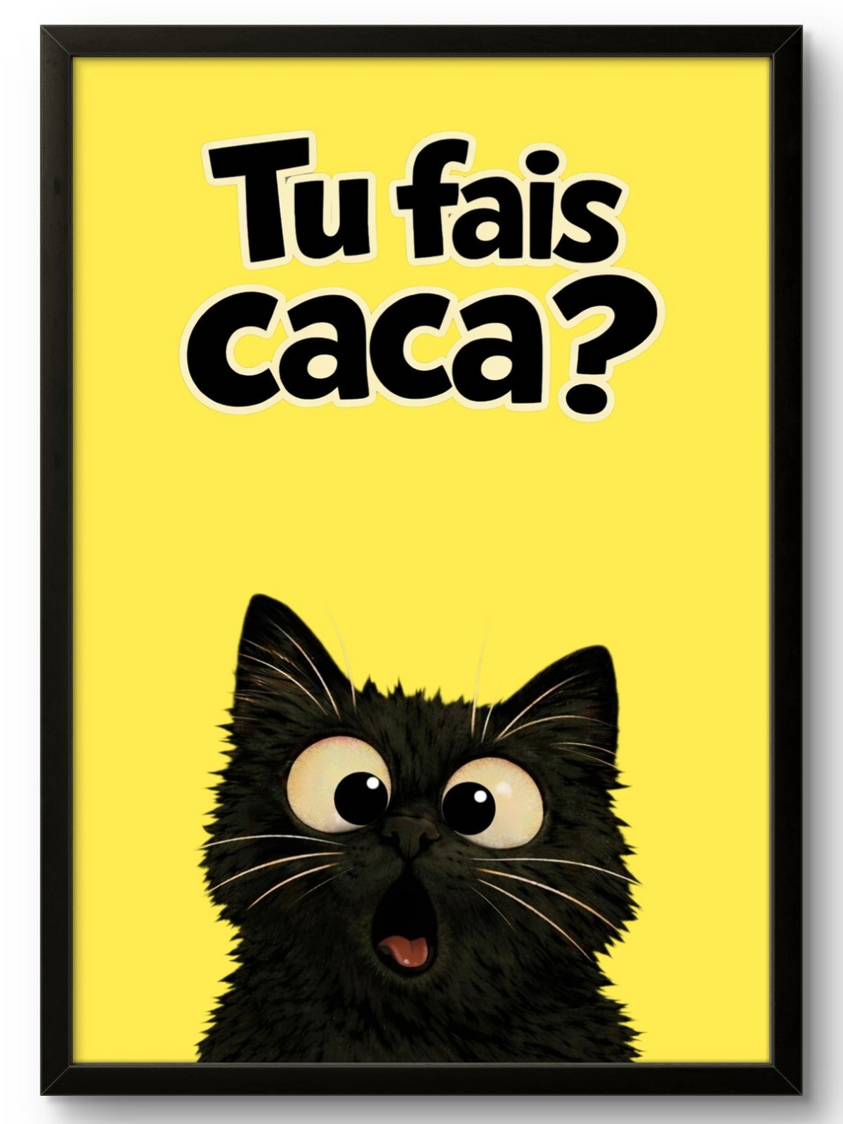 Tableau chat Tu fais caca fond jaune, affiche encadrée cadre noir