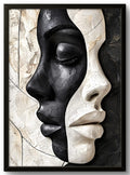 Tableau abstrait représentant deux visages en noir et blanc avec cadre noir