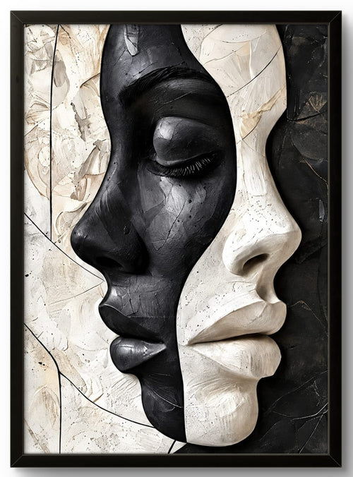 Tableau abstrait représentant deux visages en noir et blanc avec cadre noir