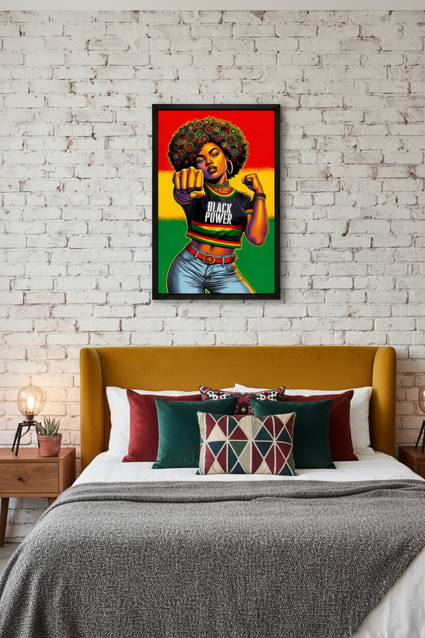 Tableau Pop Art Femme Black Power en situation – chambre loft urbaine, cadre noir sur mur brique blanche
