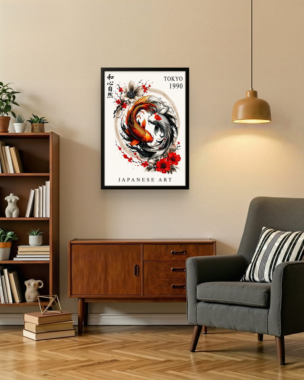 Tableau Japonais Encadré – Carpes Koï Tokyo 1990 | Art Mural Zen Premium