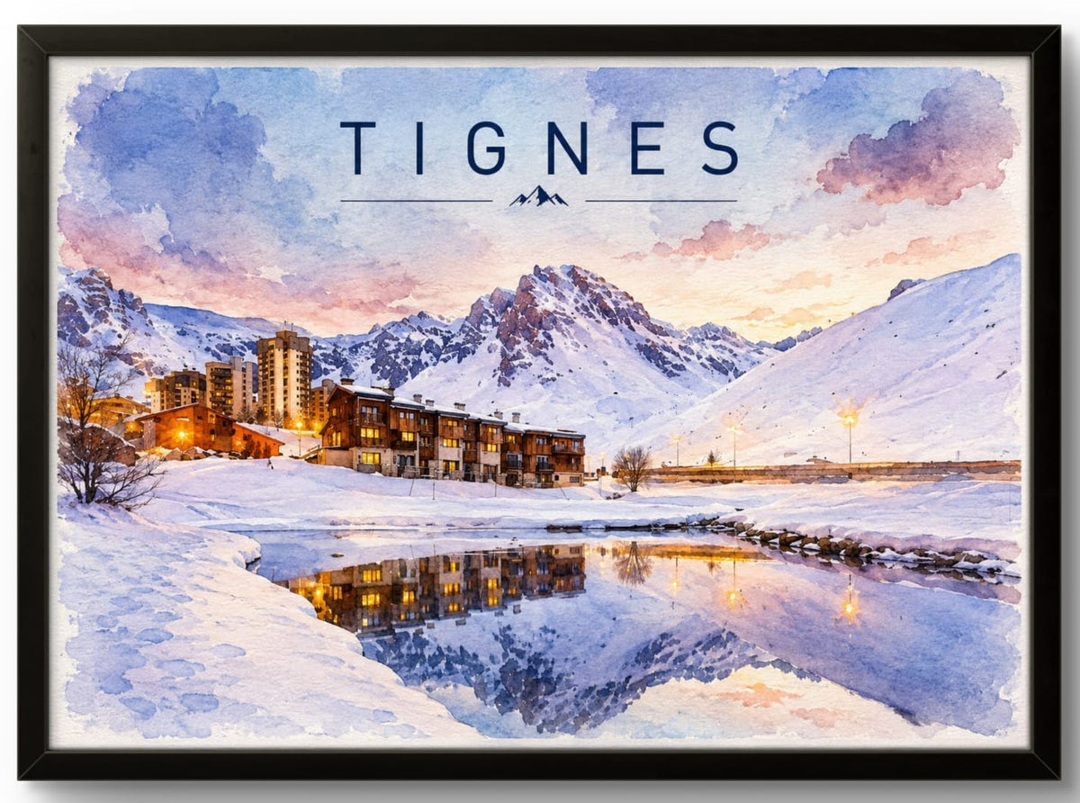 Tableau Tignes affiche station de ski aquarelle encadrée