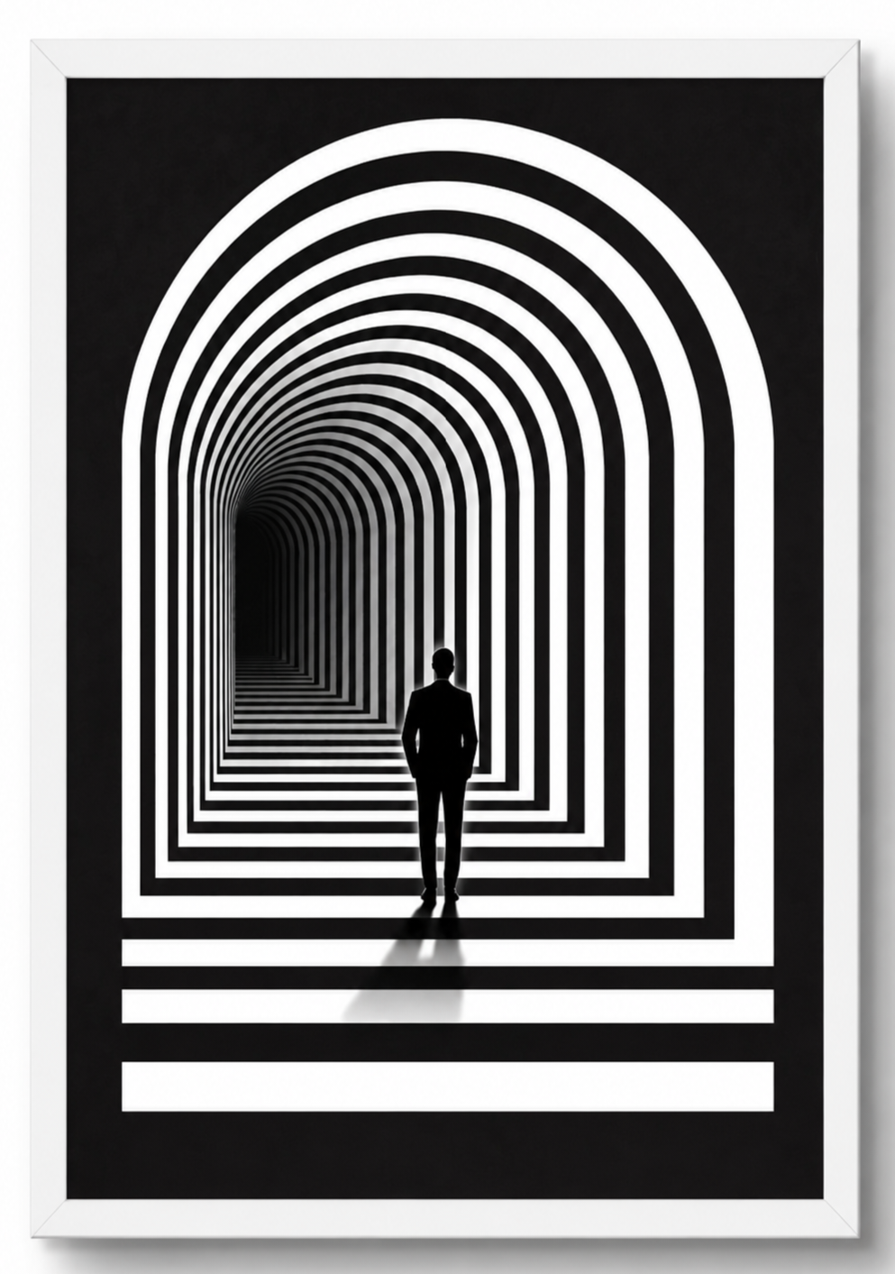 Tableau abstrait illusion d'optique arche graphique noir et blanc, silhouette tunnel, affiche encadrée cadre PVC blanc