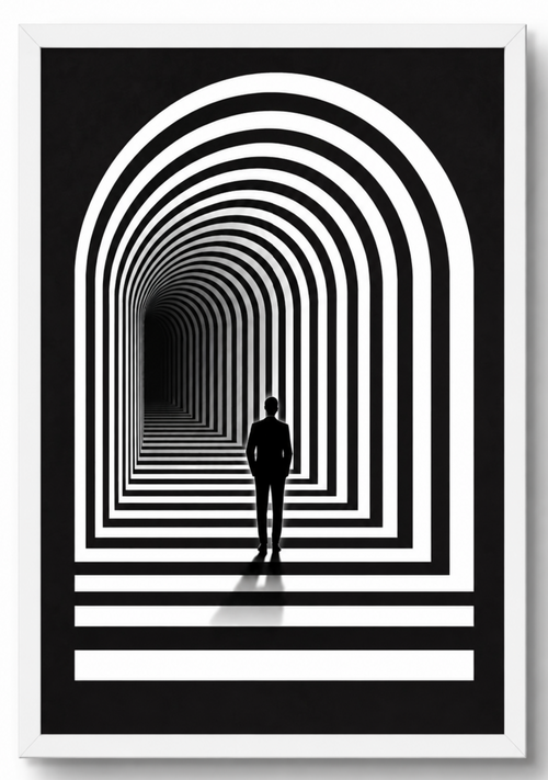 Tableau abstrait illusion d'optique arche graphique noir et blanc, silhouette tunnel, affiche encadrée cadre PVC blanc