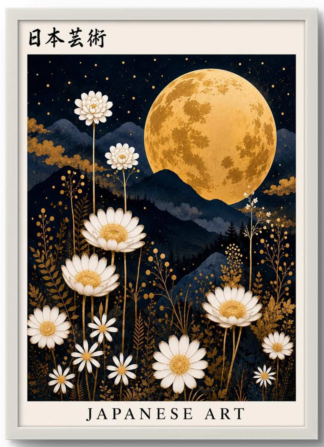 Tableau Mural Japanese Art – Affiche Encadrée Lune Dorée & Marguerites Blanches