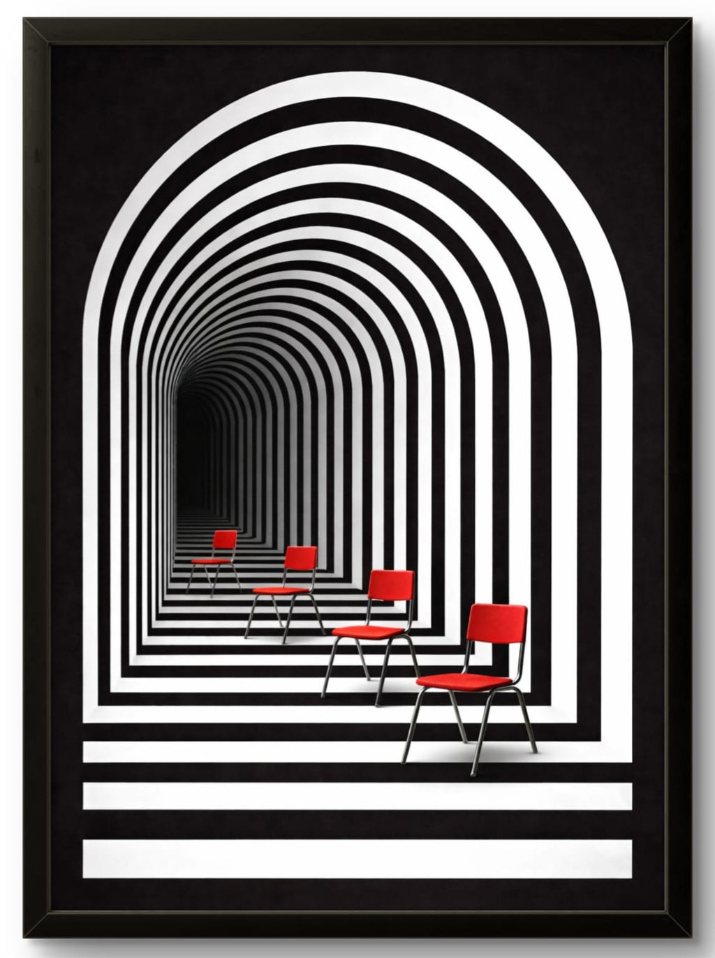 Tableau abstrait illusion d'optique arche graphique et chaises rouges – affiche encadrée cadre noir 21x30 cm
