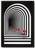 Tableau abstrait illusion d'optique arche graphique et chaises rouges – affiche encadrée cadre noir 21x30 cm
