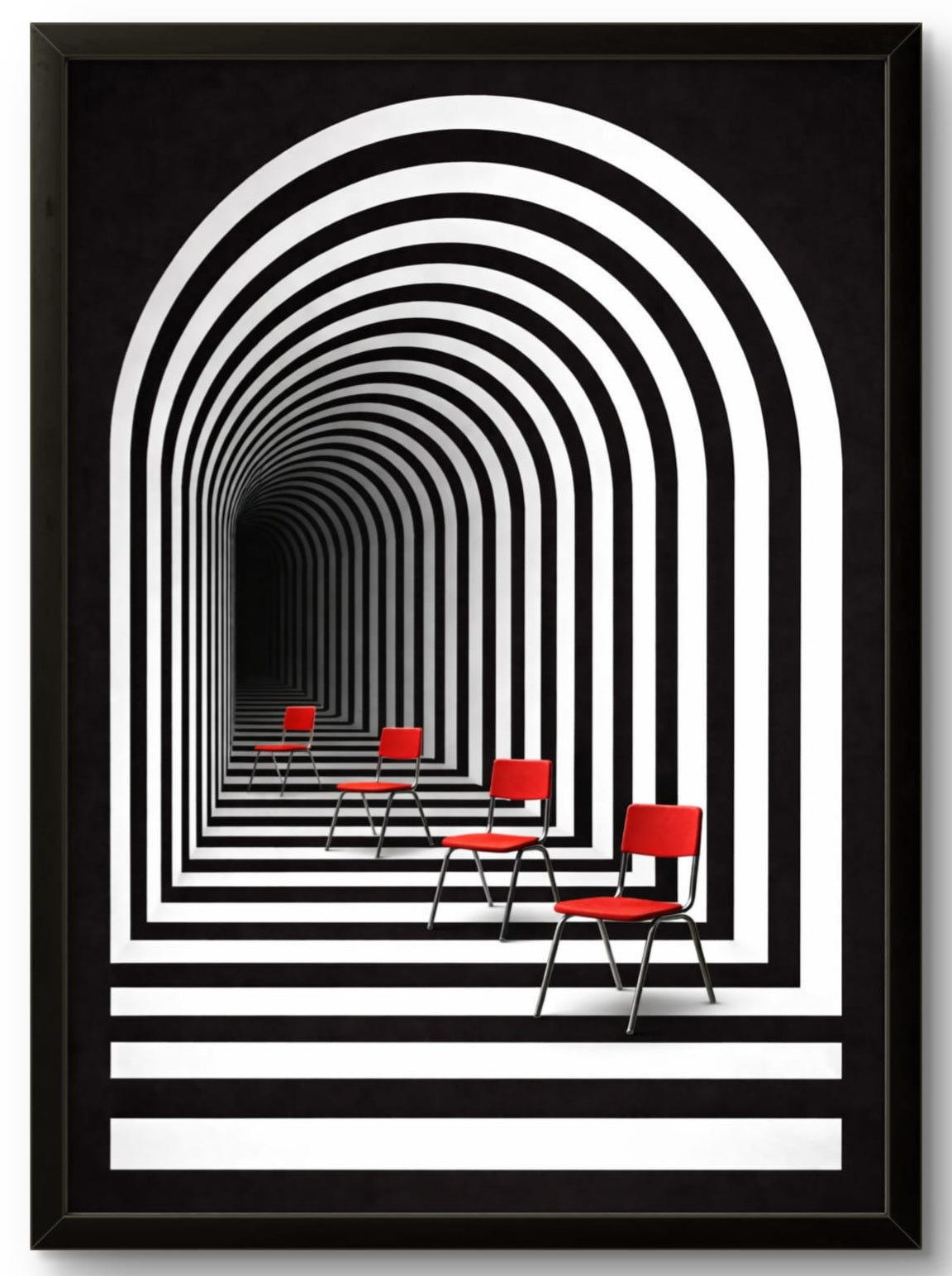 Tableau abstrait illusion d'optique arche graphique et chaises rouges – affiche encadrée cadre noir 21x30 cm
