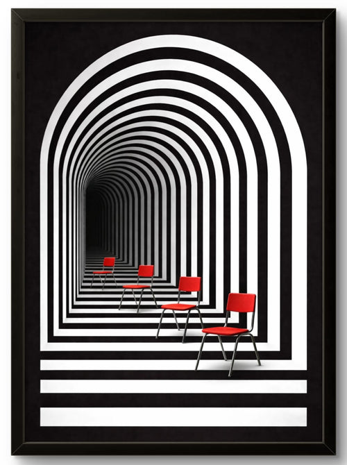 Tableau abstrait illusion d'optique arche graphique et chaises rouges – affiche encadrée cadre noir 21x30 cm
