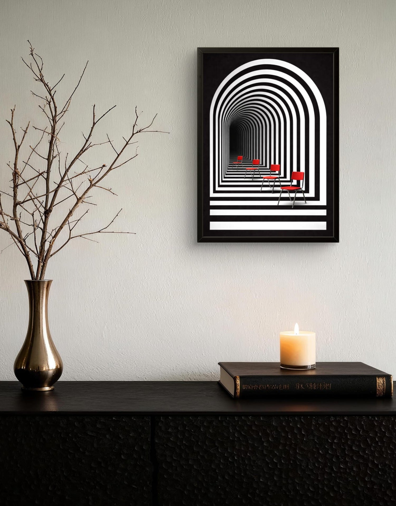 Tableau abstrait illusion d'optique arche et chaises rouges en situation dans un salon moderne – décoration murale graphique
