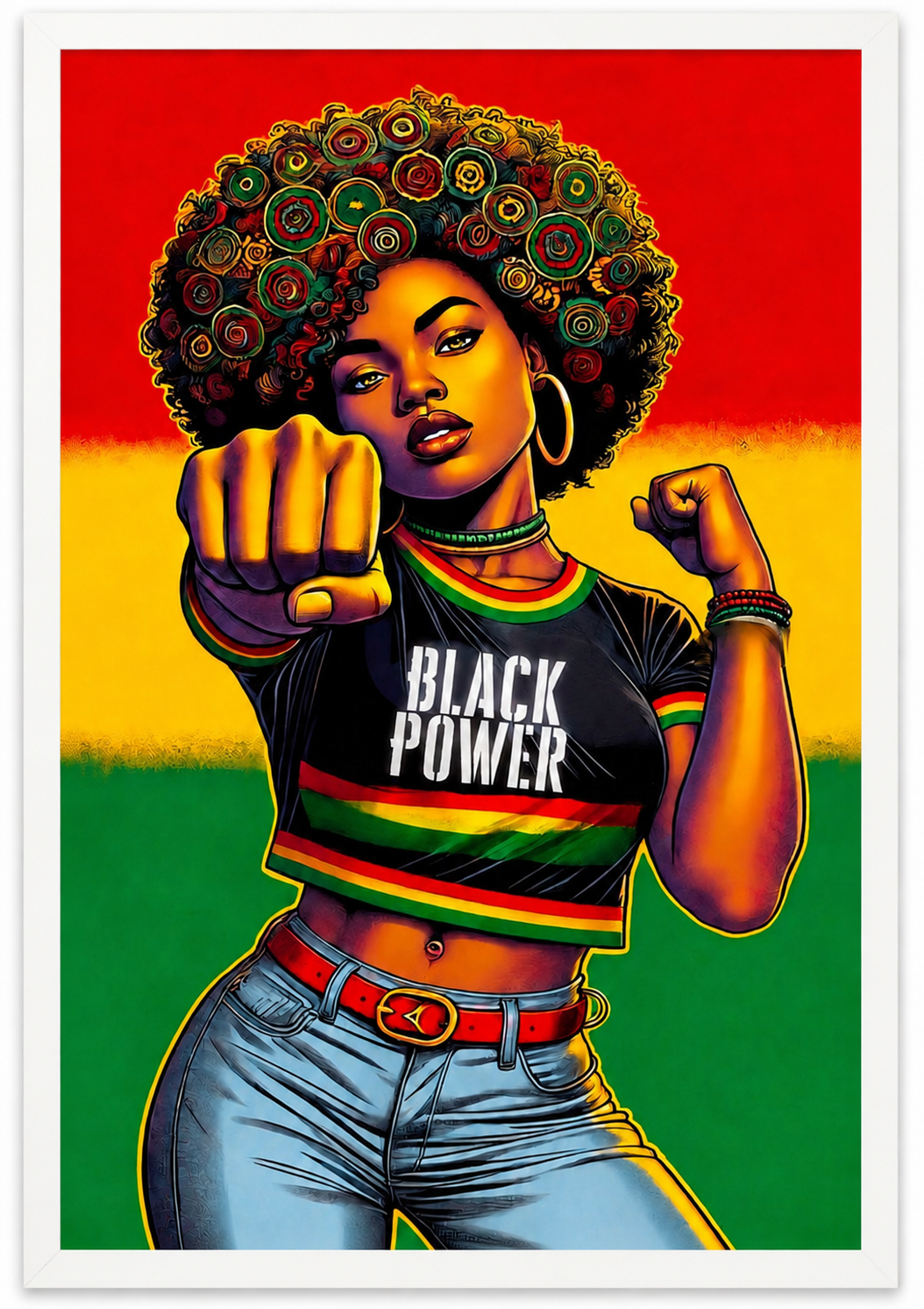 Tableau Pop Art Femme Black Power – poing levé fond tricolore rouge jaune vert, affiche encadrée cadre blanc
