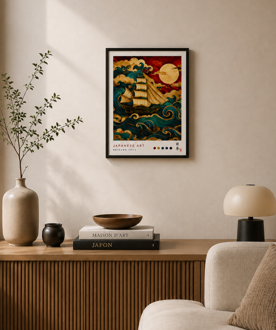 Tableau japonais bateau et vagues encadré mis en situation dans un salon moderne, décoration murale japonaise