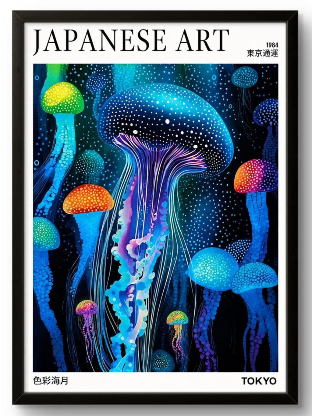Tableau art japonais méduses colorées bleues et violettes, affiche encadrée cadre noir 21x30cm