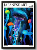 Tableau art japonais méduses colorées bleues et violettes, affiche encadrée cadre noir 21x30cm