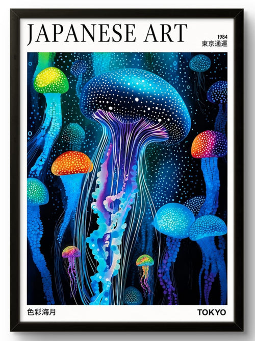 Tableau art japonais méduses colorées bleues et violettes, affiche encadrée cadre noir 21x30cm