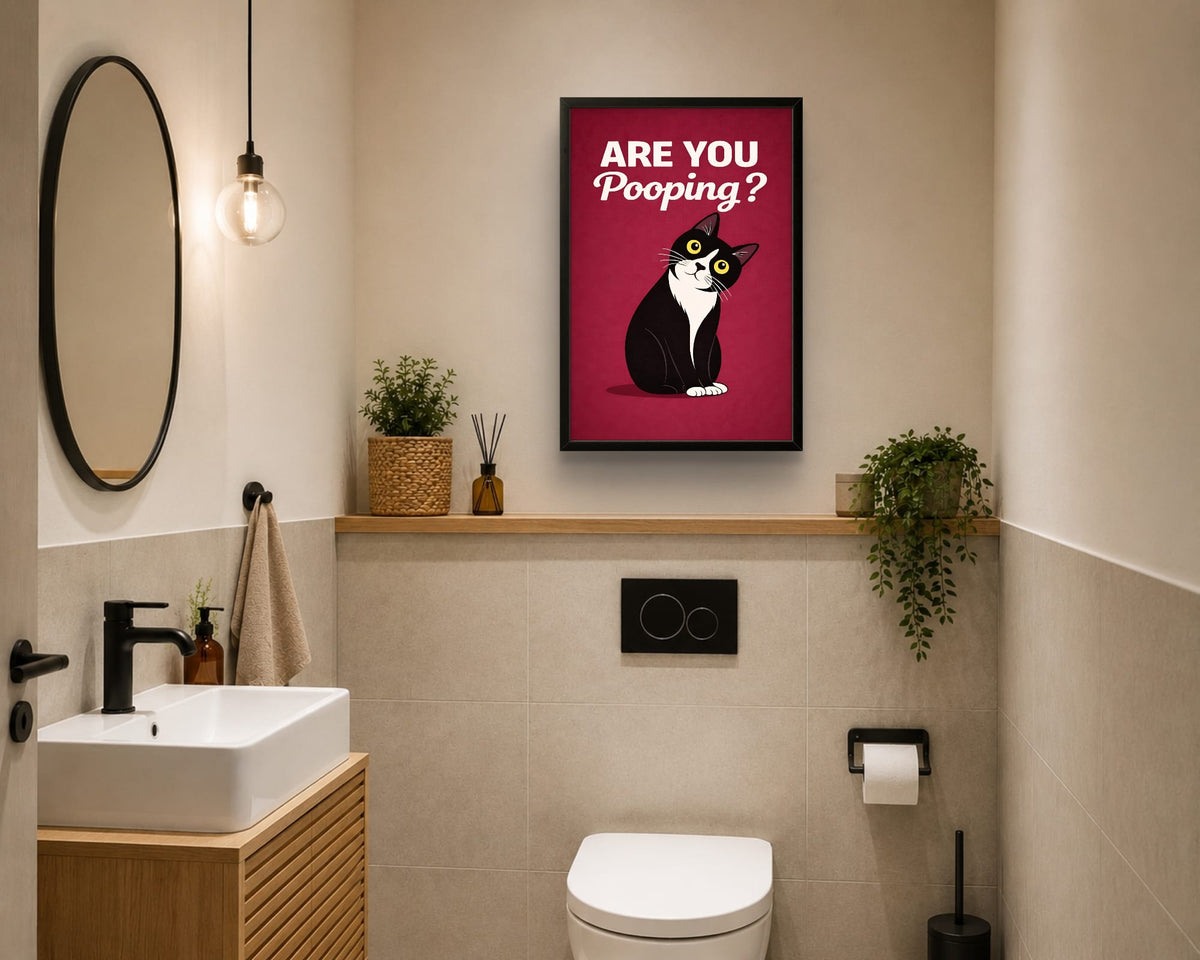 Affiche Encadrée "Are You Pooping?" – Chat Humoristique pour WC