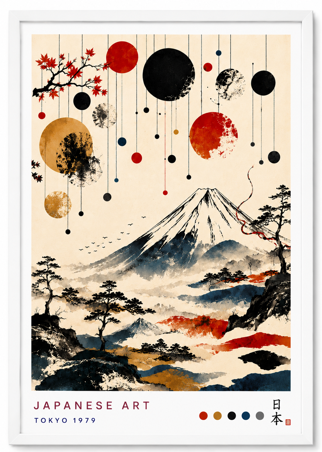 Tableau japonais Mont Fuji avec pins et érable – affiche encadrée cadre blanc 30x40cm, décoration murale zen

