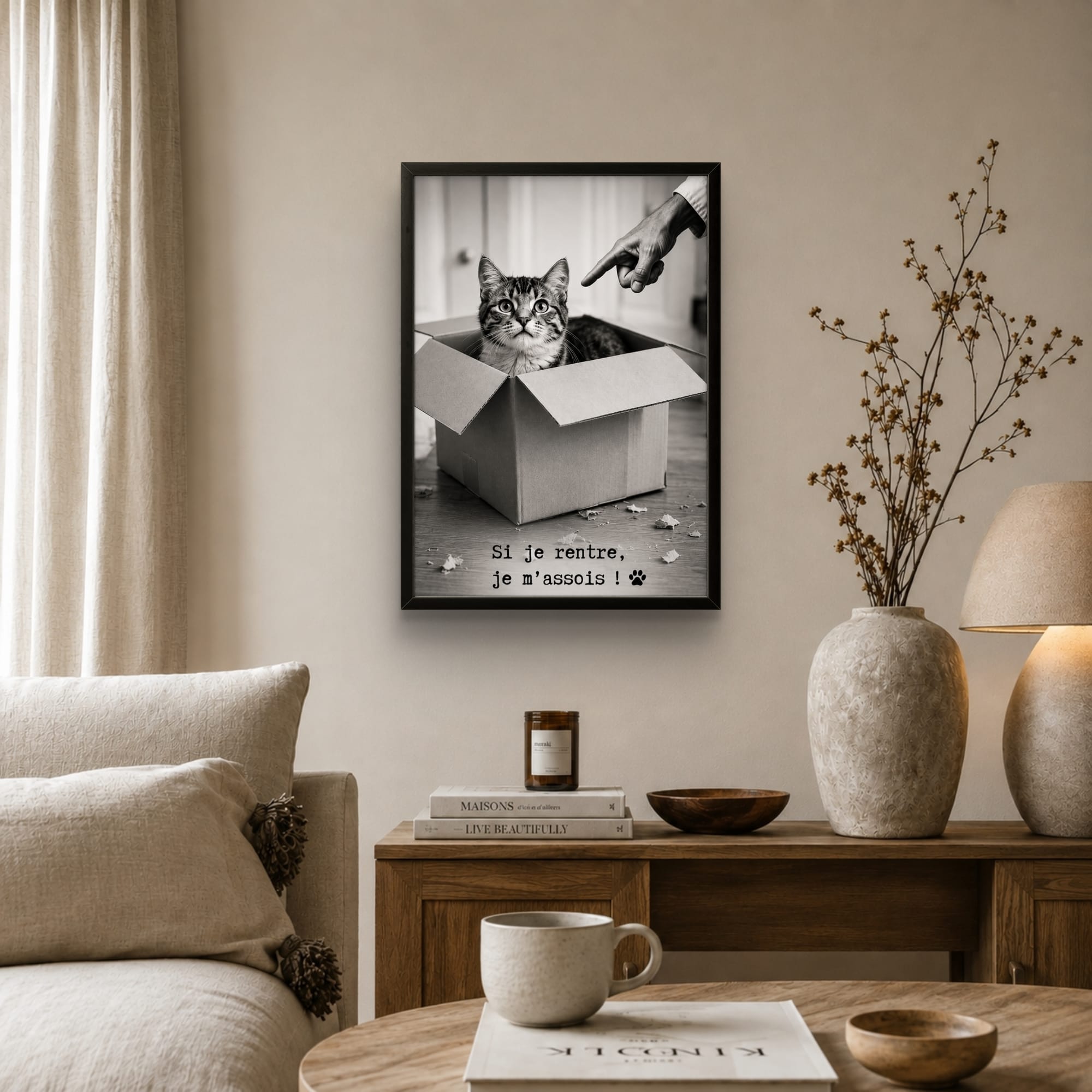 Tableau chat humour « Si je rentre, je m'assois ! » en situation dans un salon – affiche encadrée décoration murale fun
