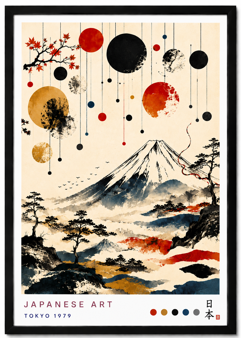 Tableau japonais Mont Fuji avec pins et érable – affiche encadrée cadre noir 21x30 cm, décoration murale zen
