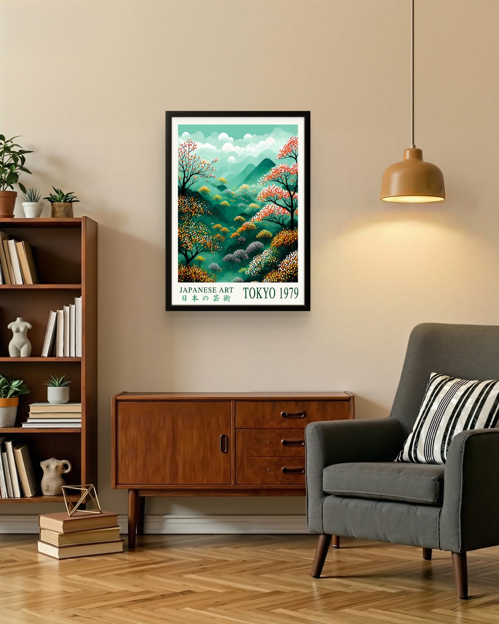 Tableau Japonais Encadré – Tokyo 1979 | Paysage Nature Arbres & Montagne