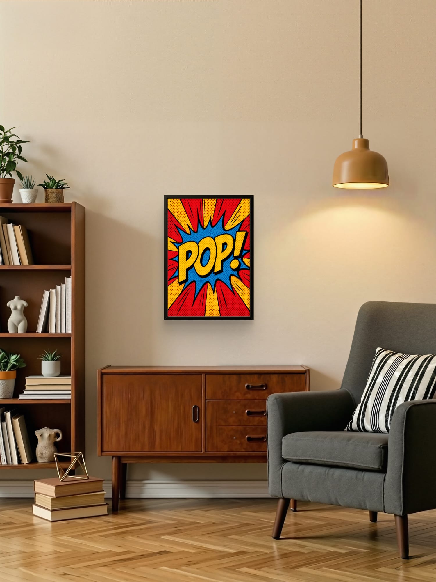 Tableau Pop Art POP ! encadré mis en situation dans un salon moderne, belle décoration d'intérieur colorée