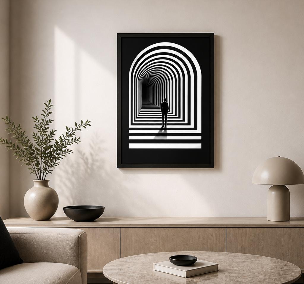 Tableau abstrait illusion d'optique arche graphique noir et blanc encadré cadre noir, vue lifestyle salon – décoration murale