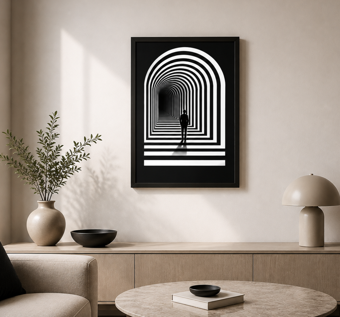 Tableau abstrait illusion d'optique arche graphique noir et blanc encadré cadre noir, vue lifestyle salon – décoration murale
