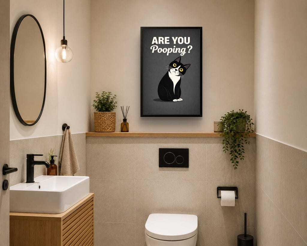 Affiche Encadrée "Are You Pooping?" – Chat Humoristique pour WC