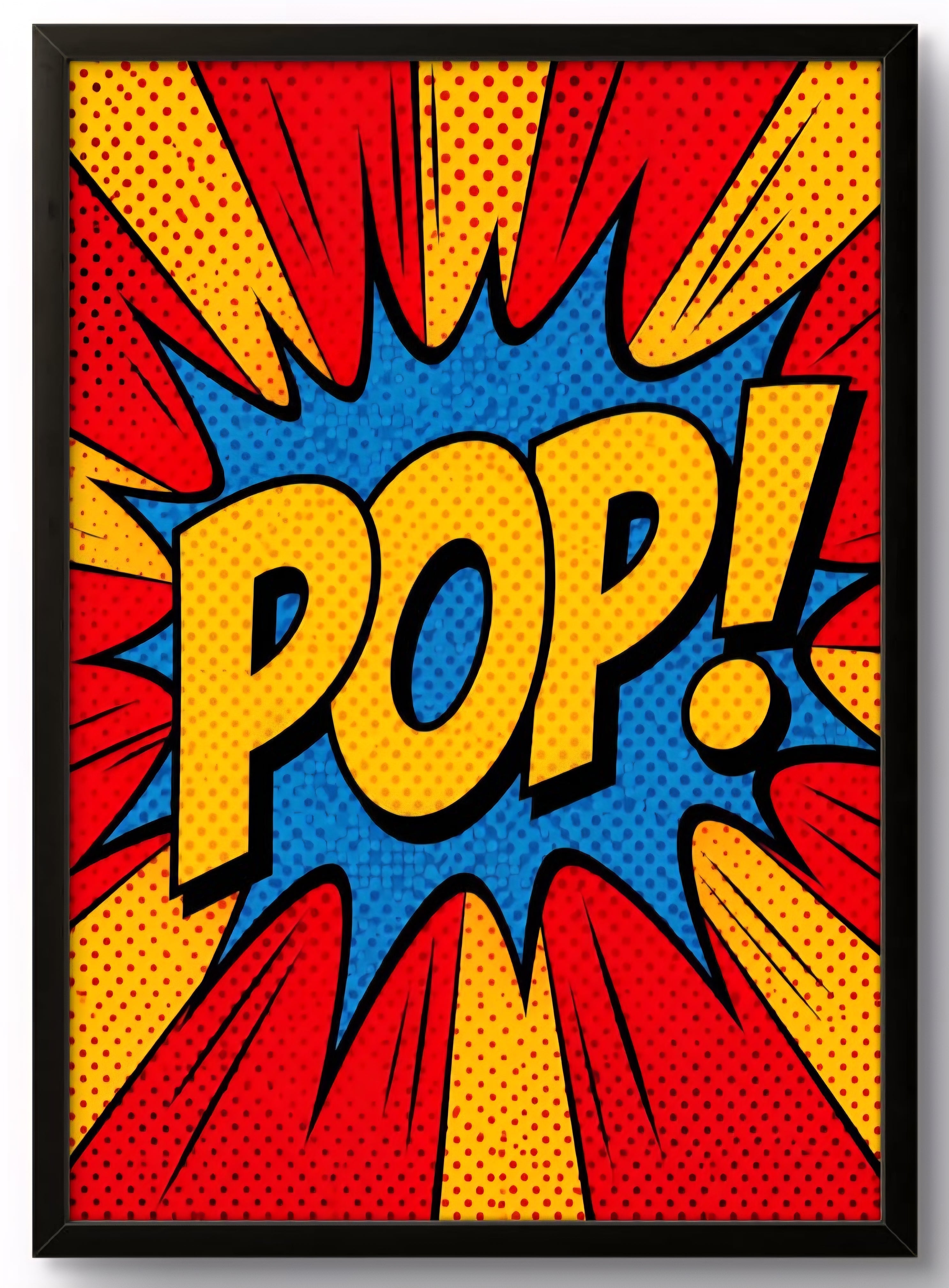 Tableau Pop Art POP ! graphique rouge jaune bleu, affiche encadrée cadre noir 21x30cm