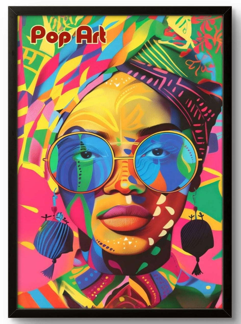 Tableau Pop Art portrait femme multicolore – affiche encadrée cadre noir 21x30 cm, décoration murale colorée
