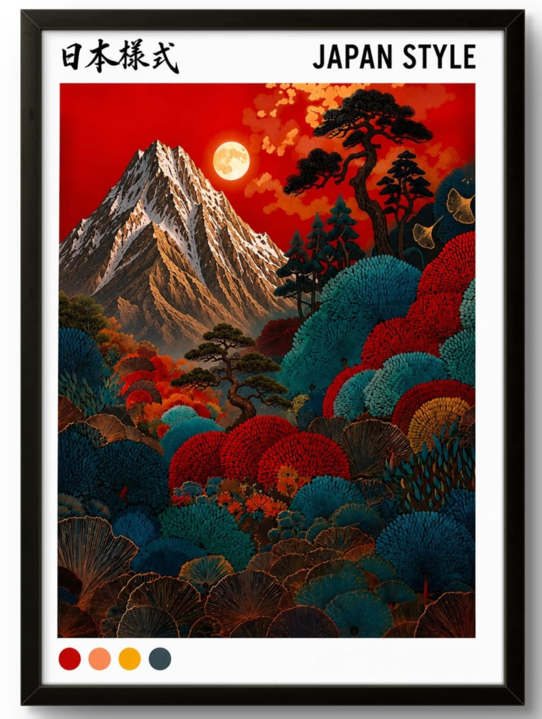 Tableau japonais montagne et paysage – affiche encadrée cadre noir 21x30 cm, décoration murale zen
