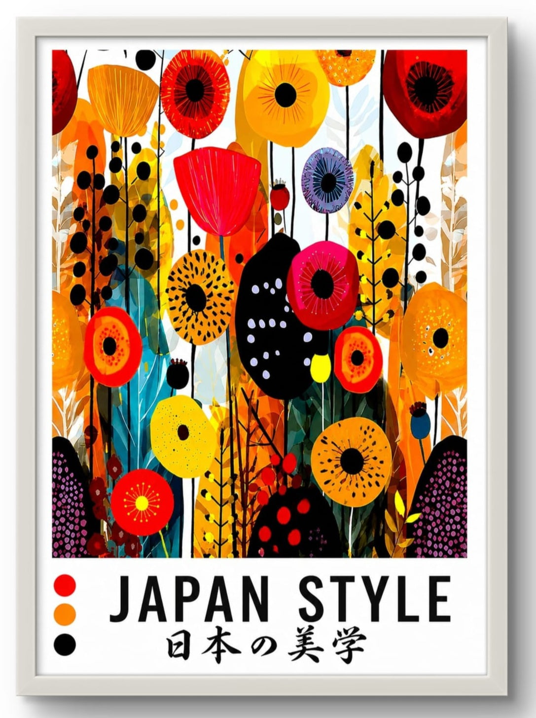 Affiche japonaise florale tons chauds rouge orange jaune décoration murale
